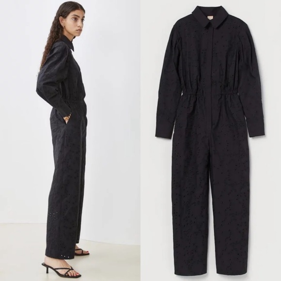 H&M Cotton Embroidered Floral‎ Eyelet Long Sleeve Button Up Collared Jumpsuit S - Picture 2 of 7